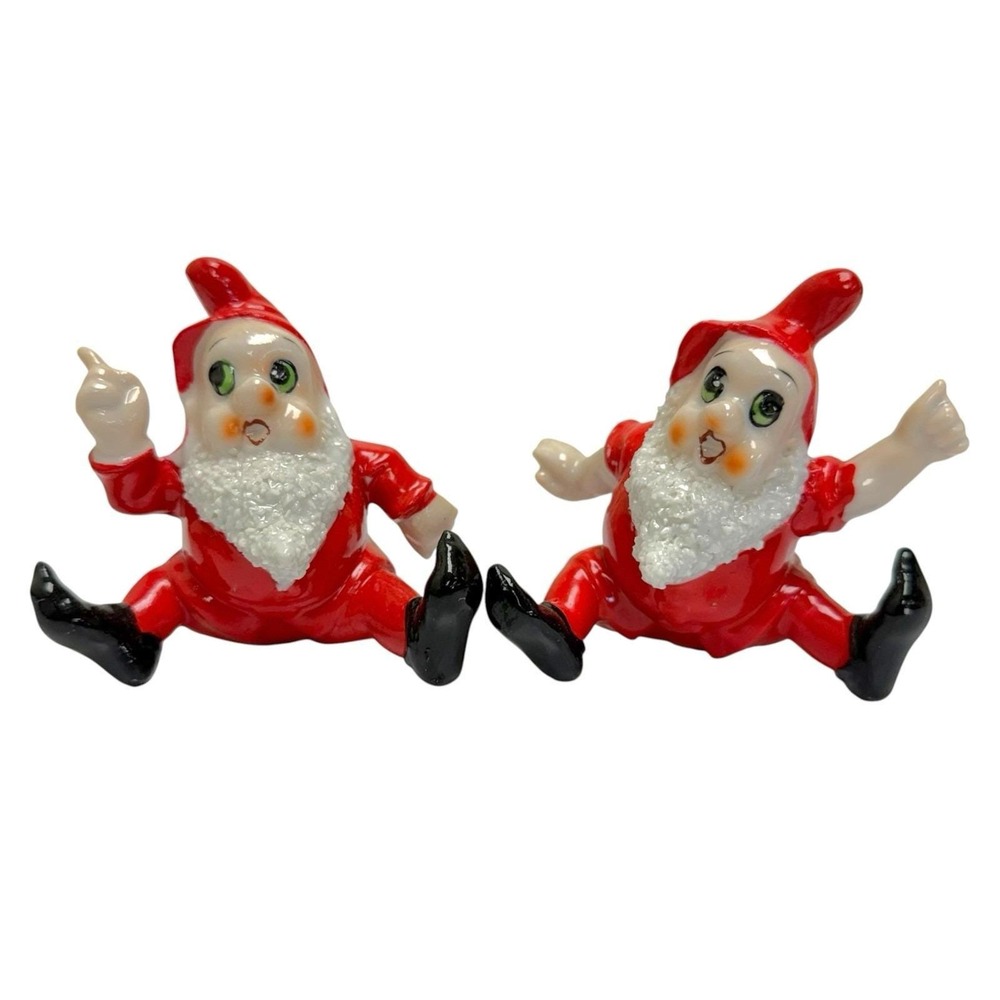 Vintage 1950 Enesco 2 Porcelain Christmas Elf Gnomes Figure Japan Spaghetti MCM